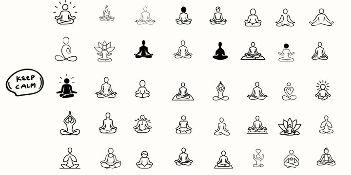 Meditation and Yoga Pose Icons Set, Lotus Position Line Art Vectors