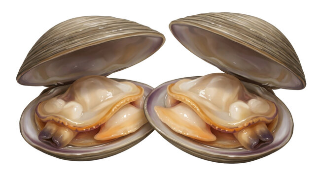 Two open clams displaying their creamy, fleshy interiors inside hard, ridged shells.