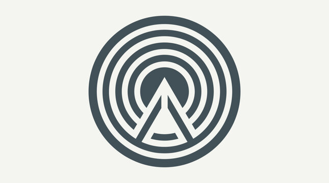 A minimalist graphic design featuring a dark grey circular emblem with a central triangular shape