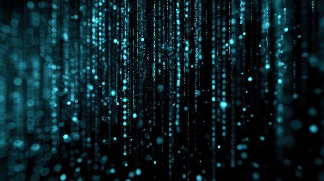 Digital binary code streams falling in a dark cyber environment with sharp focus and bokeh for information technology marketing