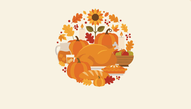 Traditional Thanksgiving harvest celebration design featuring a roasted turkey, pumpkins, pie, and autumn leaves.