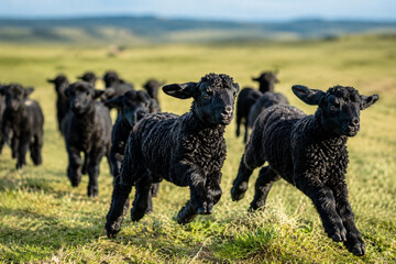 Flock of black lambs running across vast grassland with curly fleece. © Steve