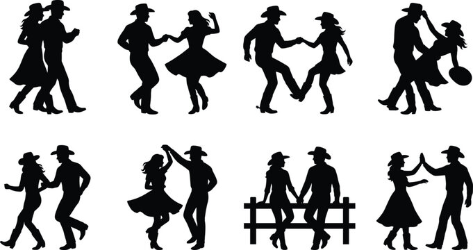 Country western dancing cowboy and cowgirl couple black silhouette icons set for rustic event branding