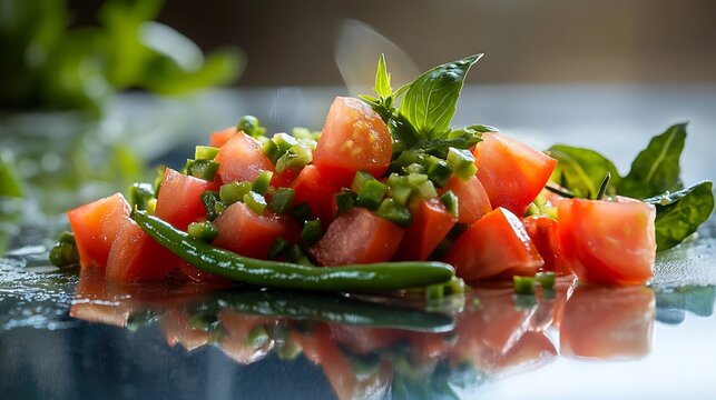 Fresh tomatoes and green peas with water droplets on reflective surface
