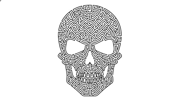 Intricate brain teaser maze puzzles designed in highly detailed shape of human skull over plain white background.