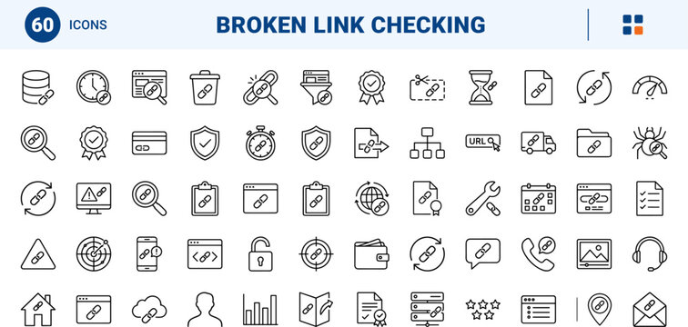 Broken Link Checker Icons line icon set. Vector pictograms of web audit, URL error, site monitoring, and link analysis elements, thin linear illustration.