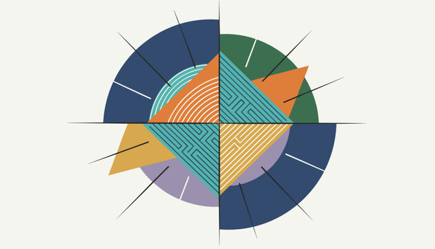 Complex geometric circular illustration featuring colored quadrants, maze patterns, and orange triangles on off white.