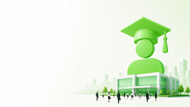 Corporate illustration of a graduation cap with a person symbol and a company building with small business people - new graduate recruitment concept banner with copy space