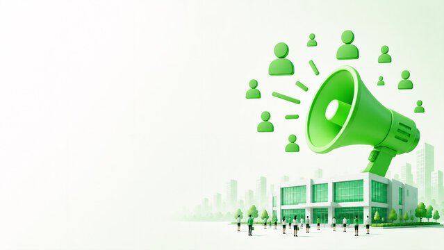 Corporate illustration of a megaphone with person symbols and a company building with small business people - job advertisement concept banner with copy space