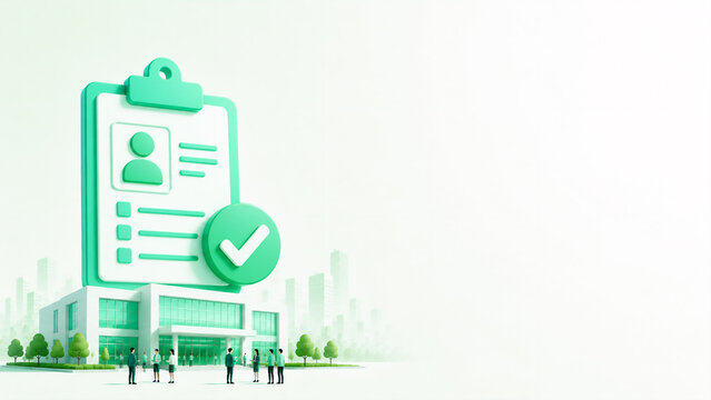Corporate illustration of a clipboard with a person profile and a company building with small business people - job interview and screening concept banner with copy space