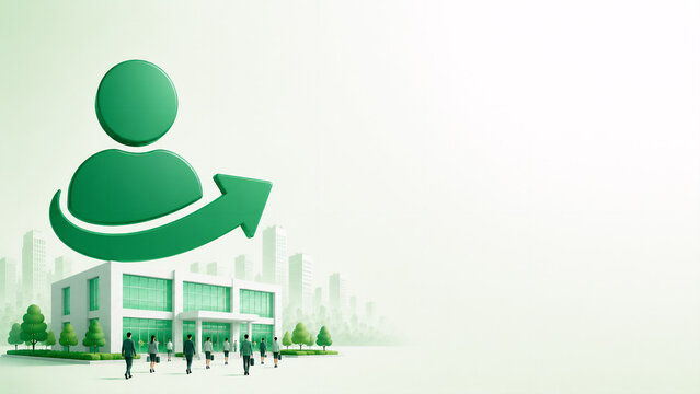 Corporate illustration of a person with a transition arrow and a company building with small business people - mid career recruitment concept banner with copy space