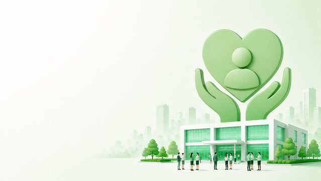 Corporate illustration of a person inside a heart shape and a company building with small business people - employee retention concept banner with copy space