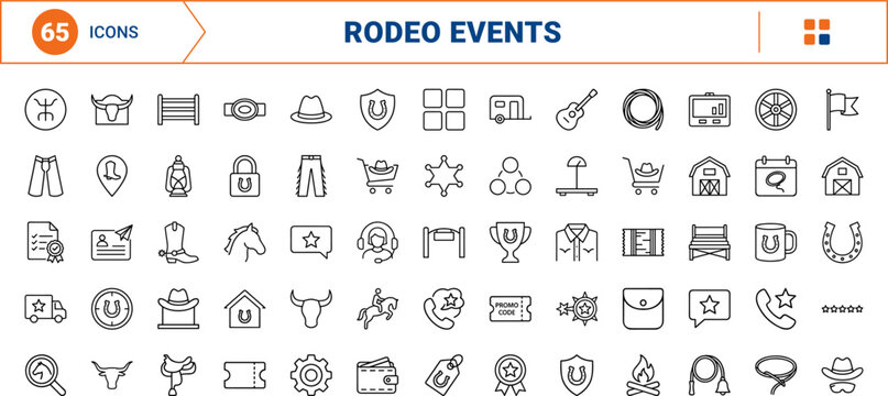 Rodeo website line icon set. Vector pictograms of equestrian, entertainment, merchandise, and ticketing elements, thin linear illustration.