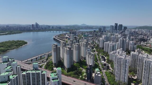 Asia, south korea, seoul, mapo-gu, sinsu-dong, apartments, houses, road traffic, han river view, drone footage