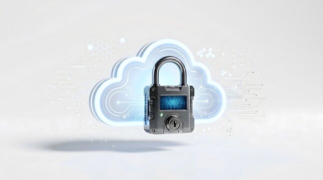 A secure digital padlock floating in front of a glowing cloud icon representing data privacy.