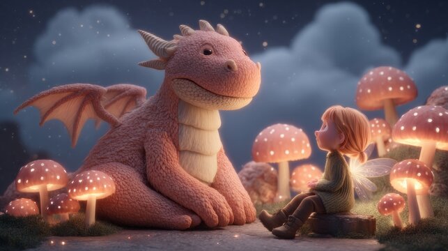 A gentle pink dragon sits amidst glowing mushrooms, with a small child-like figure nearby.  A nighttime fantasy scene
