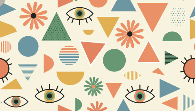 Whimsical seamless pattern showcases abstract geometric eyes, beautiful flowers, and suns in retro pastel shades.