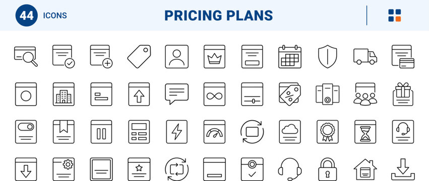 Business web interface line icon set. Vector pictograms of pricing, subscription, interface, and commerce elements, thin linear illustration.