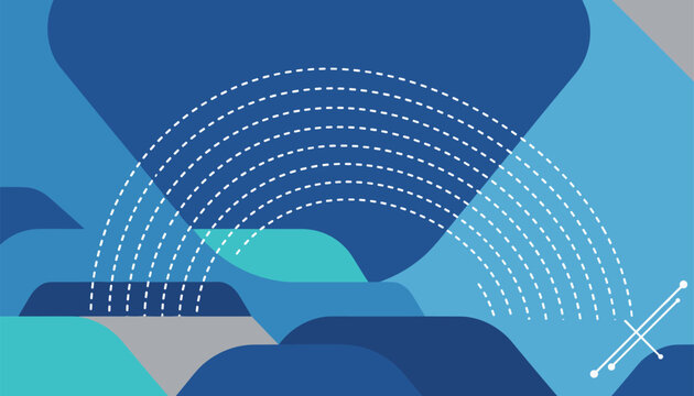 Minimalist geometric landscape in shades of blue features a white dashed rainbow stretching over flat hills.