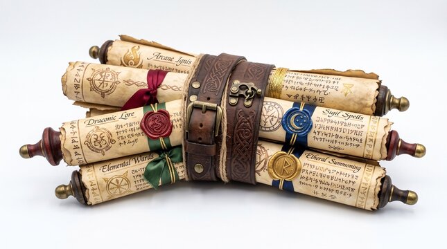 A collection of ancient magical scrolls, rolled and secured with a rustic leather strap, featuring colorful ribbons and wax seals.