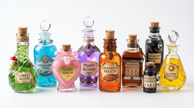 A vibrant collection of ten fantasy-themed glass potion bottles, each filled with a colorful liquid and adorned with a unique label and stopper.