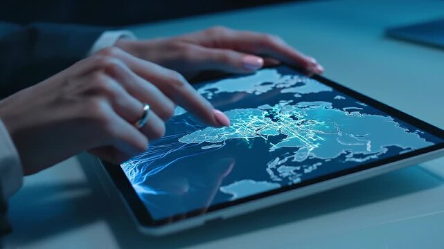 Digital tablet with world map and glowing network connections illustrating global data and technology concept