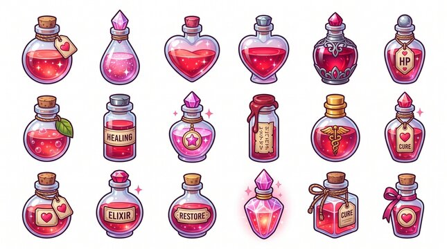 A vibrant collection of whimsical cartoon potion bottles, featuring various shapes, stoppers, and labels, filled with red and pink liquids, suggesting magic,...