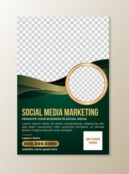 Social Media Marketing flyer template. green gradient background combined with gold wave elements. horizontal layout with space for photo collage. 