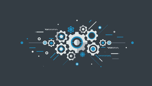 Complex machine engineering infographic showing a network of interlocking gears and tech lines on a dark background.