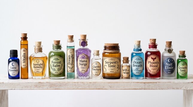 A whimsical collection of colorful potion bottles and vials with fantasy labels displayed on a rustic wooden shelf.