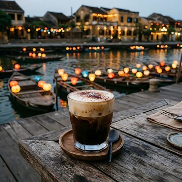 tall glass of traditional Vietnamese iced coffee with condensed milk (Ca Phe Sua Da) showing distinct layers of coffee and milk, served next to a metal phin drip filter on a wooden table in a Hoi An