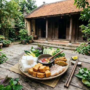 Bun Dau Mam Tom, featuring neatly arranged cubes of pressed rice vermicelli, crispy golden fried tofu, background of a rustic Northern Vietnamese village 