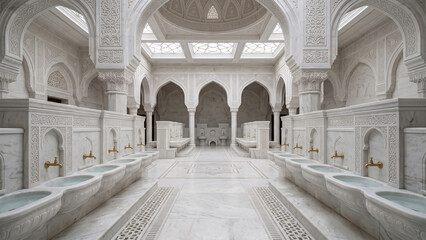 Fototapeta premium Spacious Islamic ablution hall crafted from pristine white marble with elegant arches, symmetry, and soft natural illumination.