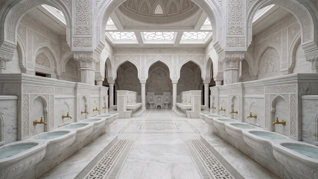 Spacious Islamic ablution hall crafted from pristine white marble with elegant arches, symmetry, and soft natural illumination.
