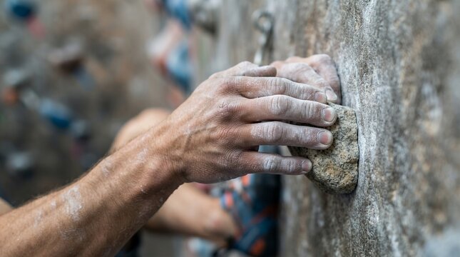Close up of a climbers hands gripping a rock on an indoor climbing wall.