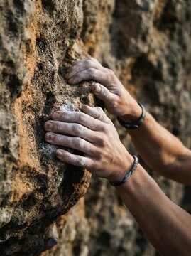 Close up of a rock climbers hands gripping a textured rock face during an outdoor climb.