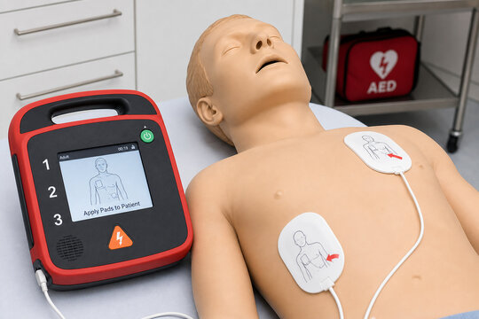 Automated external defibrillator with electrode pads on a training manikin.