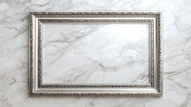 Ornate silver frame resting on a swirling, elegant, light marble surface