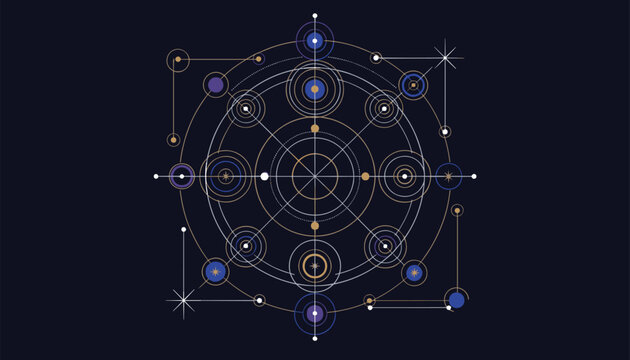 Intricate astronomical or astrological chart featuring celestial circles, stars, alignments, and geometric patterns on a dark blue background.