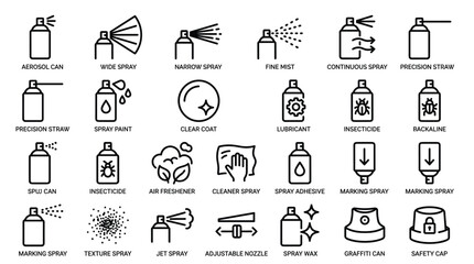 Fototapeta premium Aerosol spray can icon set featuring various nozzle types and application uses like fine mist spray paint lubricant insecticide and professional marking sprays.