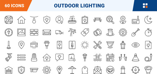 Fototapeta premium Landscape lighting line icon set. Vector pictograms of exterior illumination, garden fixture, patio lamp, and outdoor light elements, thin linear illustration.