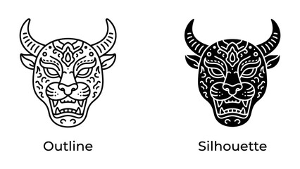 Tribal Bull Mask, Outline and Silhouette: A striking visual comparison of a stylized bull mask, presented in both a clean outline and a bold black silhouette. © Nadim
