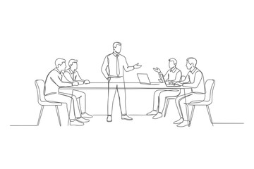 Fototapeta premium Minimalist single continuous line drawing of a team meeting in an office setting with a presenter business strategy
