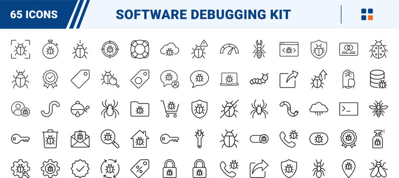 Bug report kit line icon set. Vector pictograms of error, defect, issue, and tracking elements, thin linear illustration.