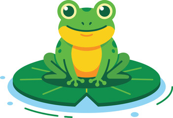 Frog sits calmly on a green lily pad in this cute and friendly pond life illustration set. © Muhammad
