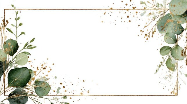 Elegant gold frame, greenery border, and golden glitter