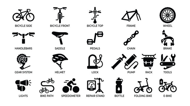 Bicycle maintenance and parts icons collection featuring silhouettes of frames wheels handle bars pedals chains brakes gear systems locks pumps and cycling gear.