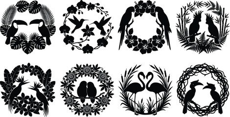 Tropical Bird Wreath Silhouette Icons Collection with Floral Nature Frames Vector Set © Vector Saga