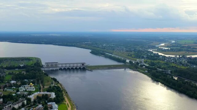 Uglich, Russia. Uglich hydroelectric power plant and Uglich Pound Lock. Drone footage