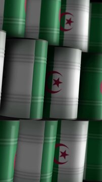 Vertical video: Algeria oil business and fuel extraction barrels in row seamless and loopable concept. Algerian petrol industrial containers.